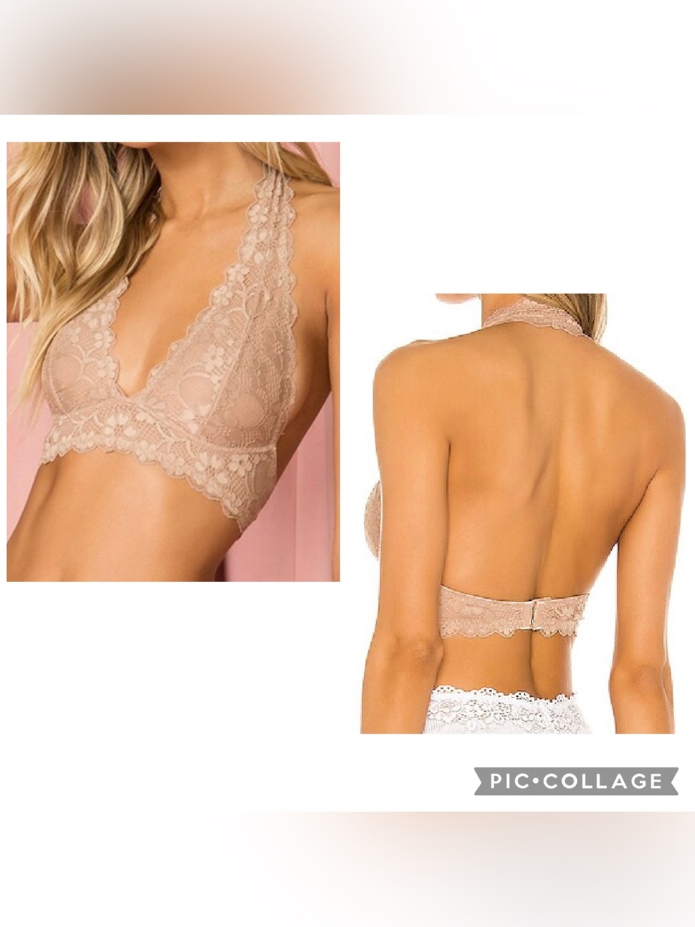 New FREE PEOPLE INTIMATELY Women’s Tan Stretch Lace GALLOON LACE Halter Bra XS